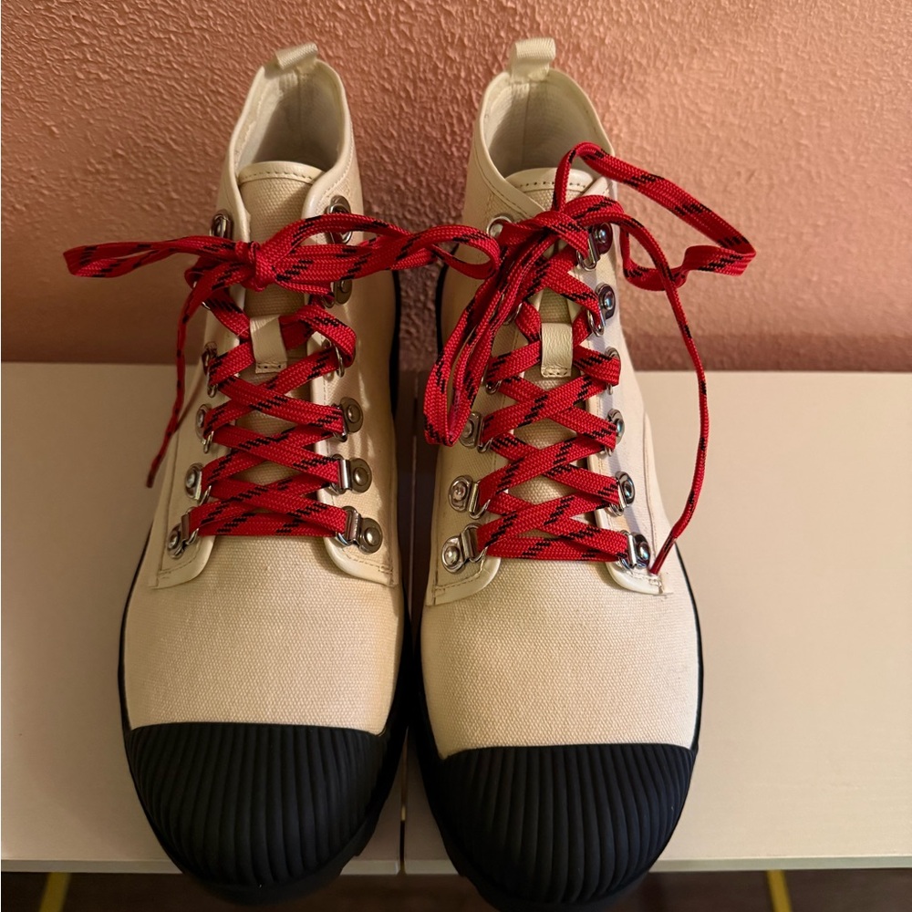 Trendy Cream and Red Lace Combat Boots